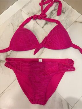 Luli Fama Hot Pink Crochet-Accent Triangle Bikini